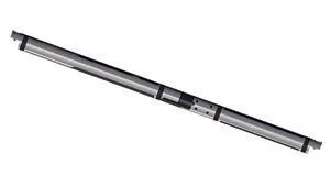 A close up of a metal pipe on a white background.