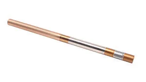 A long yellow stick with a metal handle on a white background.